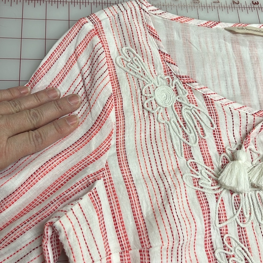 SOFT SURROUNDINGS Coastal Cottage Striped Embroidered Floral Tassel Tie Blouse M - Picture 6 of 16